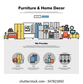 One page web design template with thin line icons of home interior decoration, living room improvement, furniture and decor for house. Flat design graphic hero image concept, website elements layout.