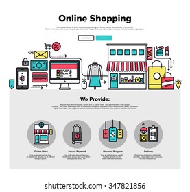 One page web design template with thin line icons of shopping online process, internet merchant marketplace, customer order delivery. Flat design graphic hero image concept, website elements layout.