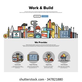 One page web design template with thin line icons of engineering work tools, building equipment objects, professional repairing service. Flat design graphic hero image concept, website elements layout