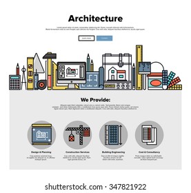 One page web design template with thin line icons of architecture engineering construction, 3D building planning, worker repair tools. Flat design graphic hero image concept, website elements layout.