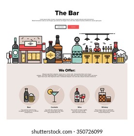 One page web design template with thin line icons of local bar counter, small town pub building, various alcohol bottles with glasses. Flat design graphic hero image concept, website elements layout.