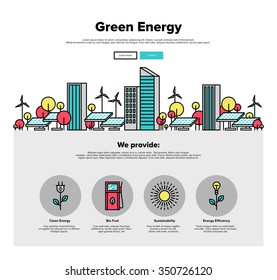 One page web design template with thin line icons of city environmentally friendly green energy, sun power development with solar panels. Flat design graphic hero image concept website elements layout