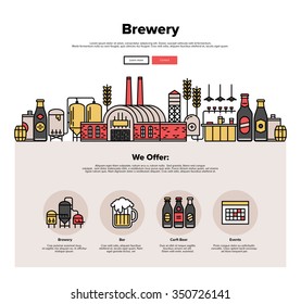 One page web design template with thin line icons of family brewery factory production, beer brewing process, traditional beer crafting. Flat design graphic hero image concept, website elements layout