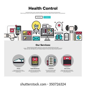 One page web design template with thin line icons of mobile health control technology, mHealth doctor app, digital medicine healthcare. Flat design graphic hero image concept, website elements layout.