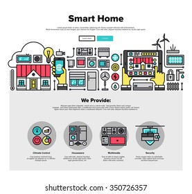 One page web design template with thin line icons of smart home automation system, smart house climate control panel on mobile device. Flat design graphic hero image concept, website elements layout.