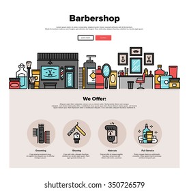 One page web design template with thin line icons of barbershop salon interior, hipster haircut service, barbers accessories for shaving. Flat design graphic hero image concept website elements layout