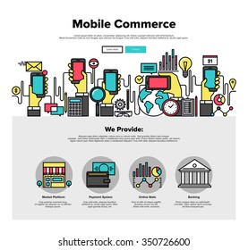 One page web design template with thin line icons of mobile business commerce, smartphone apps for shopping online, internet payments. Flat design graphic hero image concept, website elements layout.