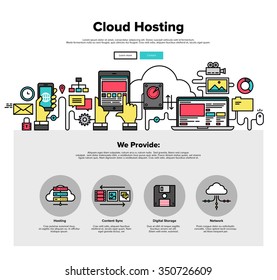 One Page Web Design Template With Thin Line Icons Of Cloud Hosting Provider Service, Network Server Communication, Business Data Solution. Flat Design Graphic Hero Image Concept Website Element Layout