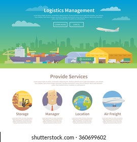One page web design template on the theme of Logistics, Warehouse, Freight, Cargo Transportation. Storage of goods, Insurance. Modern flat design.