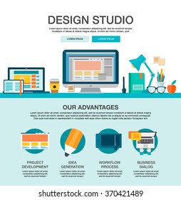 One page web design template with flat icons of design studio agency services. Digital graphics, web develop and apps prototyping. Infographics, how working digital agency, website elements layout.