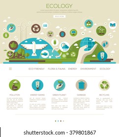 One page web design template with flat ecology, environment and green energy icons. Vector illustration.