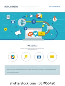 One page web design template with color line icons of digital marketing and social network. Teamwork and communication. Social media. Marketing strategy. Website elements layout.