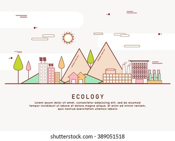 One page web design template with thin line icons of planet ecology environment, city environmental pollution, green earth conservation. Flat design graphic hero image concept, website elements layout
