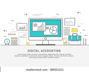 One Page Web Design Template With Thin Line Icons Of Digital Accounting Service, Investment Research, Business Data Market Analysis. Flat Design Graphic Hero Image Concept, Website Elements Layout.