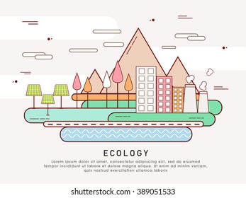 One page web design template with thin line icons of planet ecology environment, city environmental pollution, green earth conservation. Flat design graphic hero image concept, website elements layout