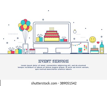 One page web design template with thin line icons of special event and happy birthday party organization, catering service agency. Flat design graphic hero image concept, website elements layout.