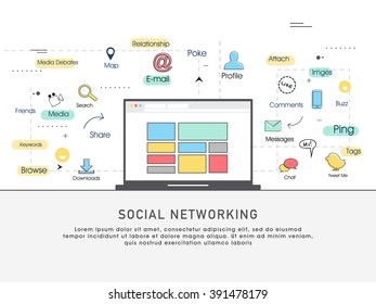 One page web design template, line art flat icons based on social networking, data technology, network infrastructure of connecting. Hero image, website layout and website slider.