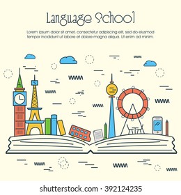 One page web design template, line art flat icons based on language school training program, study foreign language abroad, internet lessons. Hero image, website layout and website slider.