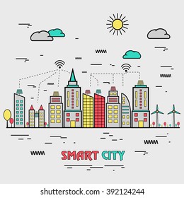 One Page Web Design Template, Line Art Flat Icons Based On Smart City, Internet Connection In Modern Living, Futuristic Living Concept. Hero Image, Website Layout And Website Slider.