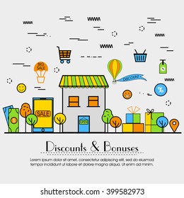 One page web design template, line art flat icons based on Online Shopping, Discount and Price Bonus System, Big Sales offer. Hero image, website layout and website slider concept.