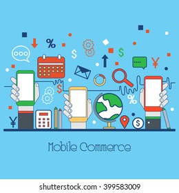 One page web design template with Flat line icons of Mobile Commerce, Online Shopping and Payments. Modern Hero Image concept, Website elements layout.