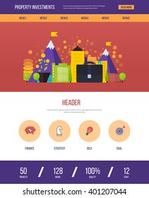 One page web design template with color line icons of property investment. Business development, strategic management, finance, financial strategy concept