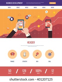 One page web design template with color line icons of business development and planning, teamwork, financial strategy and report. Investment growth and business. 