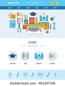One page web design template with icons of education. Set of distance education and e-learning. Online course from universities and colleges proposes video-on-demand, forum, communication.
