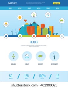 One page web design template with icons of smart city. Green eco city and eco life infographic. 