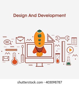 One page web design template with thin line icons of Design and Development Services. UI and UX for web, app coding and more. Flat design graphic Hero Image concept, Website Elements layout.