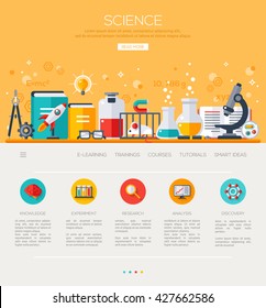 One page web design template with flat icons. Science Lab, Testing equipment, Analysis and Education. Scientific Research, Chemical Experiment.