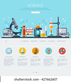 One page web design template with flat icons. Science Lab, Testing equipment, Analysis and Education. Scientific Research, Chemical Experiment.