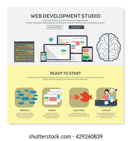 One page web design template with web development studio services like research or design. Flat design graphic, website elements layout. Vector illustration.
