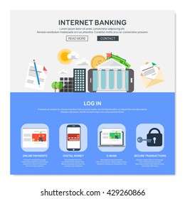 One page web design template with internet banking services like online payments or e-bank. Flat design graphic, website elements layout. Vector illustration.
