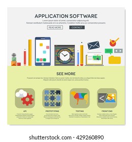 One page web design template with application software services like api or prototyping. Flat design graphic, website elements layout. Vector illustration.