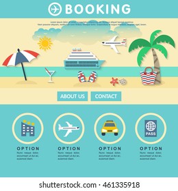 One page web design template with icons of travel agency, online booking e-ticket, hotel, transfer, cruise for tourism and journey. Flat design graphic hero image concept website elements layout