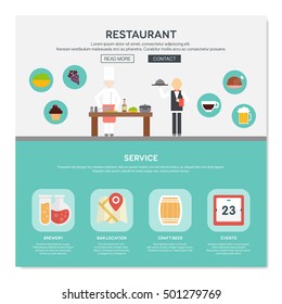 One page web design template shown restaurant. Flat design graphic, website elements layout. Vector illustration.