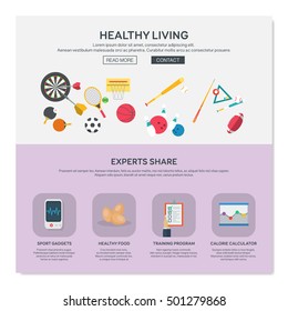 One page web design template with healthy living. Flat design graphic, website elements layout. Vector illustration.