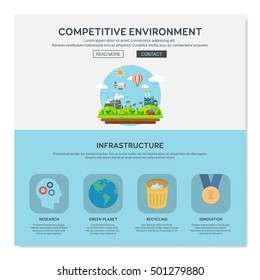 One page web design template with competitive environment. Flat design graphic, website elements layout. Vector illustration.