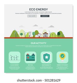 One page web design template with eco energy. Flat design graphic, website elements layout. Vector illustration.