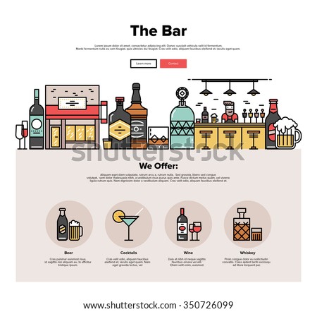 One page web design template with thin line icons of local bar counter, small town pub building, various alcohol bottles with glasses. Flat design graphic hero image concept, website elements layout.