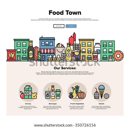 One page web design template with thin line icons of local food stores in a small city, town facade with various groceries and sweets. Flat design graphic hero image concept, website elements layout.