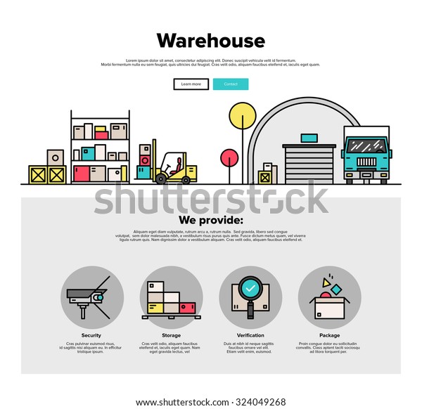 卸し倉庫保管庫の細い線のアイコンが付いた1ページのウェブデザインテンプレート 荷物を箱に入れて荷物を積み込むフォークリフト フラットデザイングラフィックヒーロー画像コンセプトウェブサイトのエレメントレイアウト のベクター画像素材 ロイヤリティフリー