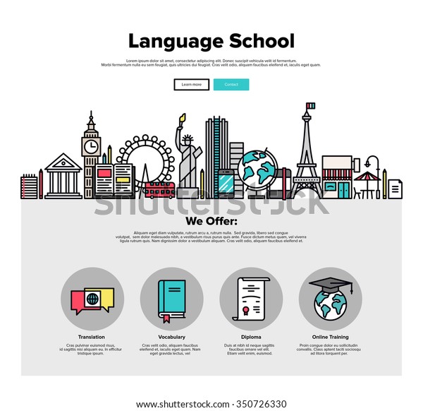 One page web design template with thin line icons\
of language school training program, study foreign language abroad,\
internet lessons. Flat design graphic hero image concept, website\
elements layout.