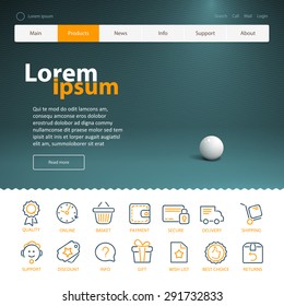 One page web site design and mobile application template layout. Internet shop line flat icon set.