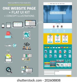 One page website considering set of flat elements for website and mobile application, set of flat UI kit for UI design, concept illustrations and set of flat icons.