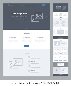 One Page Website Design Template For Business. Landing Page Wireframe. Flat Modern Responsive Design. Ux Ui Website: Home, Advantages, Features, Video, Team, Partners, Prices, Contacts, Email, Form.