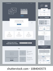 One page website design template for business. Landing page wireframe. Flat modern responsive design. Ux ui website: home, advantages, features, blog, testimonials, partners, benefits, contacts, form.