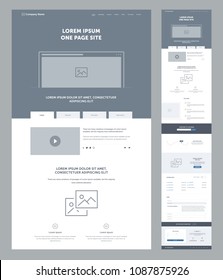 One page website design template for business. Landing page wireframe. Flat modern responsive design. Ux ui website: home, advantages, features, analytics, offers, download, FAQ, contacts, email.