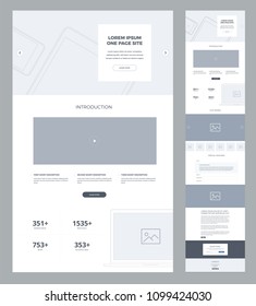 One page website design template for business. Landing page wireframe. Flat modern responsive design. Ux ui website: home, features, explore, introduction, potential, blog, works, questions, contacts.